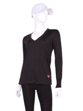 Load image into Gallery viewer, All soft yummy black fabric! It’s called the Long Sleeve Very Vee Tee - because as you can see - the Vee is - well you know - VERY VEE!