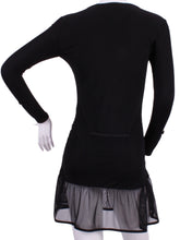 Load image into Gallery viewer, Long Sleeve Monroe Black Mesh Tennis Dress. The Monroe Dress offers a little more coverage around the chest and the arms, but delicately shows your feminine curves. Our dress is fitted, and flares out at the skirt. It is perfect for tennis, running and golf, and of course, a trip to your after-court party with your friends. It was designed for confident women like you! This style is in black with mesh, with a flattering bateau neckline.
