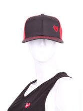 Load image into Gallery viewer, Black Hat + Red Heart & Holey Red Back with the "Love Love Tennis" Heart and holey back is a stylish and functional accessory designed for tennis enthusiasts who want to combine fashion with functionality on the court. The hat is primarily black, which gives it a sleek and versatile appearance, making it suitable for various tennis outfits. At the front of the hat, prominently displayed, is the "Love Love Tennis" Heart logo.