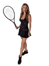 Load image into Gallery viewer, Meet my playful, fun, and very flirty tennis dress The Sandra Dee. I designed it just for you. A tennis player designing for tennis players! Fits your desire to have a cute outfit, comfortable and sexy, and where you can keep your tennis balls off of your skin! My exclusive back dry ball pocket looks like a cute tennis net - and more importantly, keeps the yellow fuzz off the thigh!