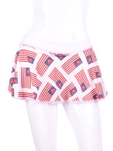 Load image into Gallery viewer, This “limited edition” art is the American Flag!  It's so soft and flows on the Love "O" Skirt.    The round skirt is cut like a donut with NO side seams!  The waistband and shorties are white.  Sizes:  XS-XL