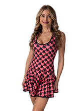 Load image into Gallery viewer, Meet my playful, fun, and very flirty tennis dress The Sandra Dee. I designed it just for you. A tennis player designing for tennis players! Fits your desire to have a cute outfit, comfortable and sexy, and where you can keep your tennis balls off of your skin! My exclusive back dry ball pocket looks like a cute tennis net - and more importantly, keeps the yellow fuzz off the thigh!