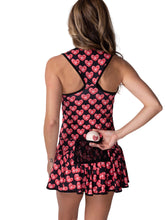 Load image into Gallery viewer, Meet my playful, fun, and very flirty tennis dress The Sandra Dee. I designed it just for you. A tennis player designing for tennis players! Fits your desire to have a cute outfit, comfortable and sexy, and where you can keep your tennis balls off of your skin! My exclusive back dry ball pocket looks like a cute tennis net - and more importantly, keeps the yellow fuzz off the thigh!