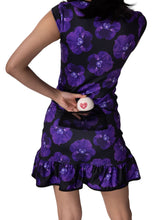 Load image into Gallery viewer, The Monroe Dress has capped sleeves, and moon-shaped ruching in the waistline to accentuate your curves. This print is very limited, the Purple Pansy, with a flattering scoop neckline. Glide around in your Court To Cocktail Tennis dress. Handmade in Los Angeles.