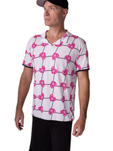 Load image into Gallery viewer, This is our limited edition Men’s Polo with Pink Hearts and Net. This piece has a silky and soft fabric. We make these in very small quantities - by design. Unique. Luxurious. Comfortable. Cool. Fun. All of the colors and patterns are LIMITED EDITION. Three pieces each size - once they are sold - we may or may not make them again exactly the same.