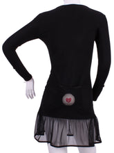 Load image into Gallery viewer, Long Sleeve Monroe Black Mesh Tennis Dress. The Monroe Dress offers a little more coverage around the chest and the arms, but delicately shows your feminine curves. Our dress is fitted, and flares out at the skirt. It is perfect for tennis, running and golf, and of course, a trip to your after-court party with your friends. It was designed for confident women like you! This style is in black with mesh, with a flattering bateau neckline.