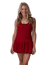 Load image into Gallery viewer, Meet my playful, fun, and very flirty tennis dress The Sandra Dee. I designed it just for you. A tennis player designing for tennis players! Fits your desire to have a cute outfit, comfortable and sexy, and where you can keep your tennis balls off of your skin! My exclusive back dry ball pocket looks like a cute tennis net - and more importantly, keeps the yellow fuzz off the thigh!