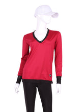 Load image into Gallery viewer, Raspberry Red w/ Black Mesh Long Sleeve Very Vee Tee