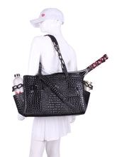 Load image into Gallery viewer, The Long Tennis Tote in Shiny Black Vegan Alligator is our stylish, sexy and functional tennis bag designed to carry all your essentials for the game.