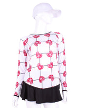 Load image into Gallery viewer, This is our limited edition Tie Back Long Sleeve Top Raspberry Red Hearts & Net. This piece has a silky and soft fabric. - by design. Unique. Luxurious. Comfortable. Cool. Fun.