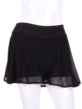 Load image into Gallery viewer, This Black Mesh LOVE "O" Skirt has shorties underneath and NO seams on the "O"!  It's cut like a doughnut to show and move beautifully as you play.  The fabric is uber soft and light - it dries quickly - and protects from UV rays too.  This skirt has a “nearly naked” feel about it.  The embroidery Heart is Red + Rackets and Ball Black to match the mesh.  A very sheer skirt makes this the lightest and coolest of skirts!
