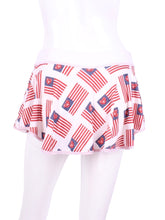 Load image into Gallery viewer, This “limited edition” art is the American Flag!  It's so soft and flows on the Love "O" Skirt.    The round skirt is cut like a donut with NO side seams!  The waistband and shorties are white.  Sizes:  XS-XL