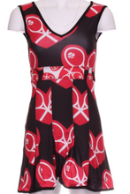 Load image into Gallery viewer, Huge Heart + Rackets on Black Angelina Dress. The Angelina Dress is from our sophisticated and elegant collections, for women with a flair for looking good. Our dress is fitted through the bodice, and flares out at the skirt. It is perfect for tennis, running and golf, and of course, a trip to your after-court party with your friends. It was designed for confident women like you! This style is in our popular Heart + Rackets design, with a flattering v-neck neckline.