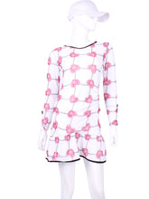 Load image into Gallery viewer, LS Vee Monroe Raspberry Red Hearts & Net. The Monroe Dress offers a little more coverage around the chest and the arms, but delicately shows your feminine curves. Our dress is fitted, and flares out at the skirt. It is perfect for tennis, running and golf, and of course, a trip to your after-court party with your friends. It was designed for confident women like you!