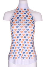 Load image into Gallery viewer, Orange + Blue Heart Halter Top White Trim - I LOVE MY DOUBLES PARTNER!!!