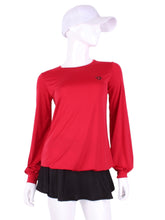 Load image into Gallery viewer, Solid Red Long Sleeve Warm Up Top This long sleeve top is the most feminine and flowing of my collection. It is comfortable with binding on the neckline, poofy at the wrists and soft hem at the hips. The fabrics are super soft yet warm. Fully machine washable. Hang to dry. Designed by Adeline, and proudly sewn in Los Angeles from lovely imported fabric.