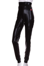Load image into Gallery viewer, Shiny Black High + Long Warm Up Pants - I LOVE MY DOUBLES PARTNER!!!