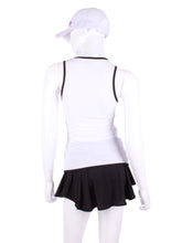 Load image into Gallery viewer, White Straight Back Vee Tank The simply elegant Vee Tank has a little vee in the front and a straight back. Designed by a tennis player for comfort AND luxury - the pattern is made for a real woman’s body with curves and all! The fabric is stretchy and soft. As with all of our apparel - it’s designed and hand made in Downtown Los Angeles - from silky imported fabric.