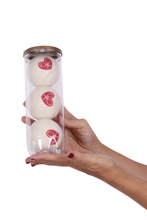 Load image into Gallery viewer, The cutest tennis balls ever. The pressured white balls are handmade in Bath, England (where Adeline the designer was actually born) - and bear the LOVE LOVE TENNIS trademark Heart + Rackets Logo.