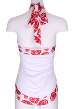 Load image into Gallery viewer, White Halter Top + Red White Heart Trim - I LOVE MY DOUBLES PARTNER!!!