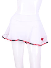 Load image into Gallery viewer, This gorgeous mini heart on off white MESH LOVE "O" Skirt has shorties underneath and NO seams on the "O"! It's cut like a doughnut to show and move beautifully as you play. The under shorts has uber soft and light fabric - it dries quickly - and protects from UV rays too. This skirt has a “nearly naked” feel about it.