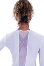 Load image into Gallery viewer, Longer White + White Mesh Long Sleeve Crew Tee - I LOVE MY DOUBLES PARTNER!!!