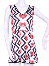 Load image into Gallery viewer, The Angelina Dress is modern yet classy. This piece has the Black Zig Zag and Red Heart + Rackets Trademarked Logo on a white background for a feminine and fun print. Very limited edition only two made per size per style