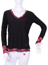 Load image into Gallery viewer, Black Long Sleeve Very Vee Tee with Heart Trim - I LOVE MY DOUBLES PARTNER!!!