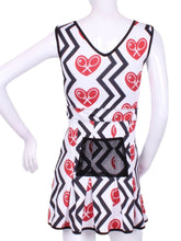 Load image into Gallery viewer, The Angelina Dress is modern yet classy. This piece has the Black Zig Zag and Red Heart + Rackets Trademarked Logo on a white background for a feminine and fun print. Very limited edition only two made per size per style.