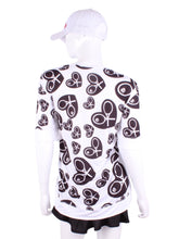 Load image into Gallery viewer, Random Black Heart Baggy Vee Tee The very comfortable Baggy Vee Tee is so cool and easy to wear. For the lady that likes a little room when she plays - the feminine top is flowing in the air. This random black heart on a white background has a white stripe down the sides, hem, collar, and cuff.