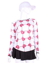 Load image into Gallery viewer, This is our limited edition Tie Back Long Sleeve Top Raspberry Red Hearts & Net. This piece has a silky and soft fabric. - by design. Unique. Luxurious. Comfortable. Cool. Fun.