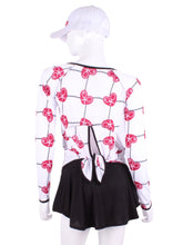 Load image into Gallery viewer, This is our limited edition Tie Back Long Sleeve Top Raspberry Red Hearts & Net. This piece has a silky and soft fabric. - by design. Unique. Luxurious. Comfortable. Cool. Fun.