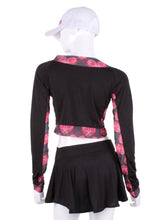 Load image into Gallery viewer, Black Vee Crop Top with Heart Mesh Trim. This vee neckline tops arm protection from the sun, but have mesh under the arm to keep you COOL while you play. These beautiful tops have the Heart + Rackets (trademarked) logo as the contrast. Designed very short to allow for access to the back pocket on my court to cocktails tennis dresses. Hand sewn in Los Angeles.