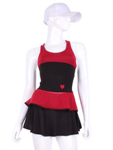 Load image into Gallery viewer, Ruffle Tank Tennis Top Black & Red Mesh. An elegant tennis ruffle top - silky soft - light - and quick-drying breathable fabric. Scoop neckline front and crossed back with two-needle cover stitch at each seam. Smooth binding finishes the edges with class. The most comfortable and feminine tennis top. These pieces run small for a more petite woman - under 5’8” - for the medium max 34 D
