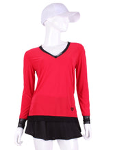 Load image into Gallery viewer, Bright Red Long Sleeve Very Vee Tee w/ Black Mesh. This top is soooo gorgeous! The collar and cuffs are accented with feminine mesh and the body is flowy and soft. It’s called the Long Sleeve Very Vee Tee - because as you can see - the Vee is - well you know - VERY VEE! For the tennis lady who loves to leave her chest open - but cover her arms (and other bits) this top is seductive in a sweet way! You feel nearly naked in it. So go ahead - hit that ace! Flattering and free - that’s what this top is.