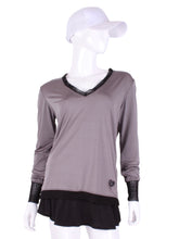 Load image into Gallery viewer, Grey Long Sleeve Very Vee Tee w/ Black Mesh. For the tennis lady who loves to leave her chest open - but cover her arms (and other bits) this top is seductive in a sweet way! You feel nearly naked in it. So go ahead - hit that ace! Flattering and free - that’s what this top is. The most preppy of my tops - looks just as good tied around the shoulders as it does on!