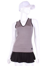 Load image into Gallery viewer, Straight Back Vee Tank Grey. The simply elegant Vee Tank has a little vee in the front and a straight back. Designed by a tennis player for comfort AND luxury - the pattern is made for a real woman’s body with curves and all! The material is stretchy and soft. As with all of our apparel - it’s designed and hand made in Downtown Los Angeles - from imported fabric.