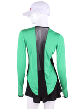 Load image into Gallery viewer, Longer Green + Black Mesh Long Sleeve Crew Tee. The most coverage of all my tops - with the Long Sleeve Crew Tee you can cover your chest AND your arms and back of hands thanks to the thumb hole. However - you still stay cool! I designed this top to look flattering AND allow maximum air flow through my mesh back and side panels. The harder you play - the more SWOOSH OF AIR FLOW you create. Be your own FAN. Literally. Keep cool. Keep shaded. Keep dry. Look awesome.