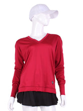 Load image into Gallery viewer, Raspberry Red Long Sleeve Very Vee Tee. This top is soooo gorgeous! It’s called the Long Sleeve Very Vee Tee - because as you can see - the Vee is - well you know - VERY VEE! For the tennis lady who loves to leave her chest open - but cover her arms (and other bits) this top is seductive in a sweet way! You feel nearly naked in it. So go ahead - hit that ace! Flattering and free - that’s what this top is. The most preppy of my tops - looks just as good tied around the shoulders as it does on.