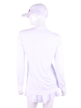 Load image into Gallery viewer, White + White Mesh Trim Long Sleeve Very Vee Tee. This top is soooo gorgeous! The collar and cuffs are accented with feminine mesh and the body is flowy and soft. It’s called the Long Sleeve Very Vee Tee - because as you can see - the Vee is - well you know - VERY VEE! For the tennis lady who loves to leave her chest open - but cover her arms (and other bits) this top is seductive in a sweet way!