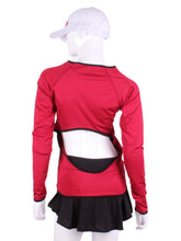 Load image into Gallery viewer, Red Raspberry Open Back Long Sleeve Crew. This all new Open Back Long Sleeve Crew can be worn with a skirt or our Court 🎾 to Cocktails 🍸 Tennis Dresses to have access to the back pocket. Made with a little thicker fabric you can have sun protection and warmth (everywhere but the small of your back)! Every print was uniquely designed by Adeline and the pieces were sewn in downtown Los Angeles. Made with loads of ♥️