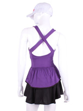 Load image into Gallery viewer, Ruffle Tank Tennis Top Purple. An elegant tennis ruffle top - silky soft - light - and quick-drying breathable fabric. Scoop neckline front and crossed back with two-needle cover stitch at each seam. Smooth binding finishes the edges with class. The most comfortable and feminine tennis top. These pieces run small for a more petite woman - under 5’8” - for the medium max 34 D