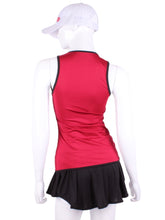 Load image into Gallery viewer, Straight Back Vee Tank Red Raspberry With Black Trim. The simply elegant Vee Tank has a little vee in the front and a straight back. Designed by a tennis player for comfort AND luxury - the pattern is made for a real woman’s body with curves and all! The material is stretchy and soft. As with all of our apparel - it’s designed and hand made in Downtown Los Angeles - from imported fabric.