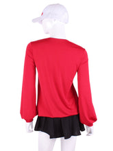Load image into Gallery viewer, Solid Red Long Sleeve Warm Up Top This long sleeve top is the most feminine and flowing of my collection. It is comfortable with binding on the neckline, poofy at the wrists and soft hem at the hips. The fabrics are super soft yet warm. Fully machine washable. Hang to dry. Designed by Adeline, and proudly sewn in Los Angeles from lovely imported fabric.