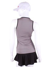 Load image into Gallery viewer, Straight Back Vee Tank Grey. The simply elegant Vee Tank has a little vee in the front and a straight back. Designed by a tennis player for comfort AND luxury - the pattern is made for a real woman’s body with curves and all! The material is stretchy and soft. As with all of our apparel - it’s designed and hand made in Downtown Los Angeles - from imported fabric.