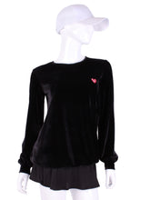 Load image into Gallery viewer, Black Velvet Long Sleeve Warm Up Top. This long sleeve top is the most feminine and flowing of my collection. It is comfortable with binding on the neckline, poofy at the wrists and soft hem at the hips. The fabrics are super soft yet warm. Fully machine washable. Hang to dry. Designed by Adeline, and proudly sewn in Los Angeles from lovely imported fabric.