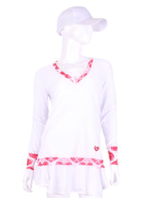 Load image into Gallery viewer, White Long Sleeve Very Vee Tee with Heart Trim. This top is soooo gorgeous! The collar and cuffs are accented with feminine mesh and the body is flowy and soft. It’s called the Long Sleeve Very Vee Tee - because as you can see - the Vee is - well you know - VERY VEE! For the tennis lady who loves to leave her chest open - but cover her arms (and other bits) this top is seductive in a sweet way!