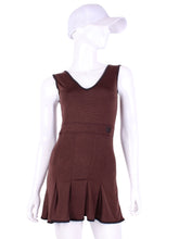 Load image into Gallery viewer, The Angelina Dress is from our sophisticated and elegant collections, for women with a flair for looking good. Wear this stunning piece straight from the court....to cocktails. This style is in our chocolate brown design, with a flattering v-neck neckline. This soft, silky, and sexy tennis dress is lightweight, and very comfortable, providing plenty of flexibility to play both on and off of the court.