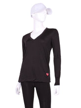 Load image into Gallery viewer, All soft yummy black fabric!  It’s called the Long Sleeve Very Vee Tee - because as you can see - the Vee is - well you know - VERY VEE!
