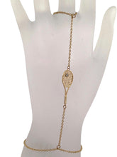 Load image into Gallery viewer, A unique and sexy solid gold racket and diamond ball hand jewel. A dainty chain, solid gold racket, and diamond tennis ball makes this piece special.   14k gold, made by fine artisans in Los Angeles.   Show your love for the sport, on and off the court.
